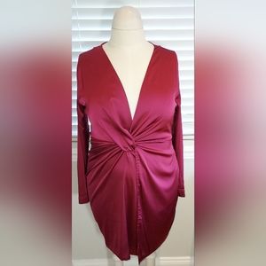 Fashion Nova Burgundy Sugar Free Deep V Twist Front Dress NWT